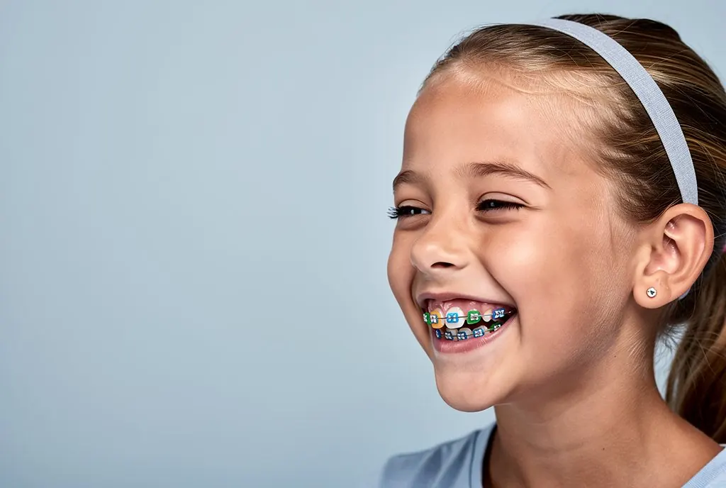 Ilustração gerada de uma criança sorrindo com aparelho ortodôntico. Não é paciente da clínica.